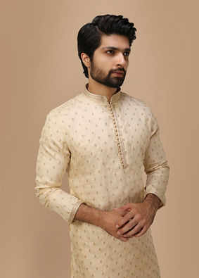 alt message - Manyavar Men Beige Self Motif Kurta Set image number 0